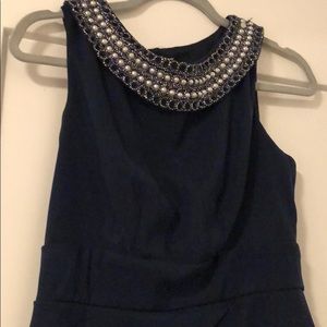 Navy blue shift dress with pearl accents